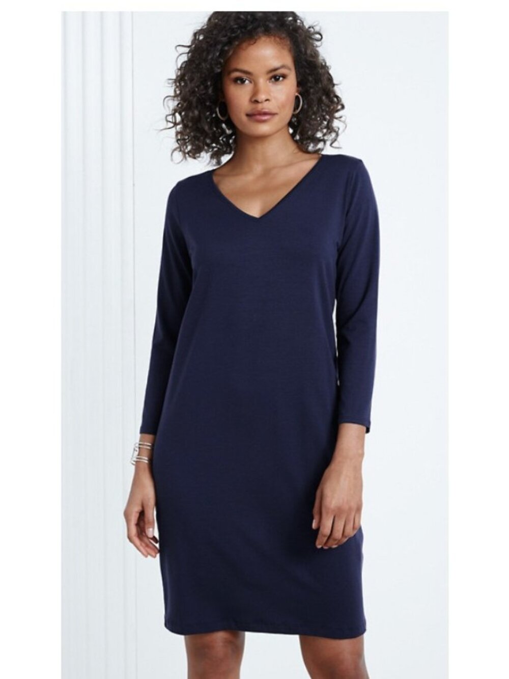 Eileen Fisher Dress Womens XL Navy Tencel Jersey V Neck‎ Quarter Sleeve